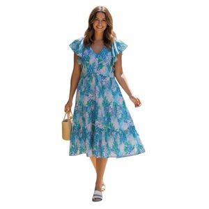 Lilly Pulitzer Kawai Flutter Sleeve Dress Strong Current Sea, Size XL Aqua Blue